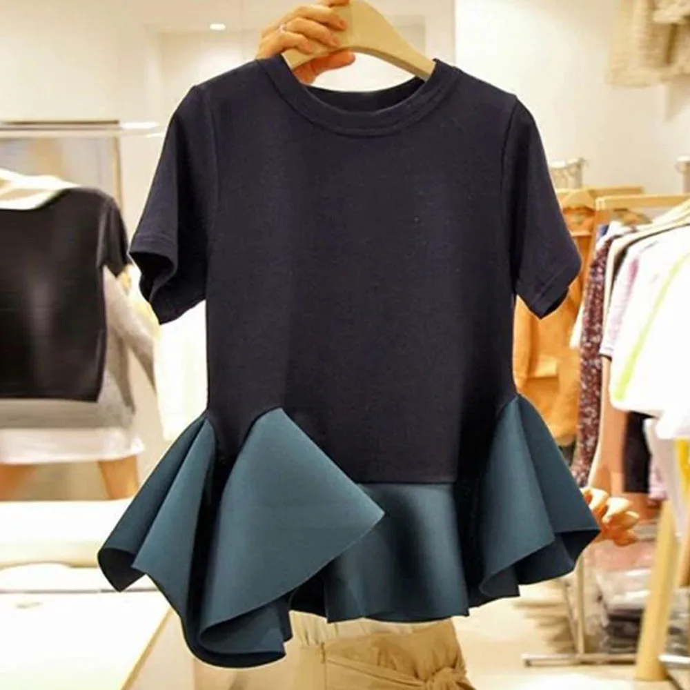 

Женская футболка с оборками, черная однотонная свободная футболка большого размера в Корейском стиле, в стиле Харадзюку, на лето
