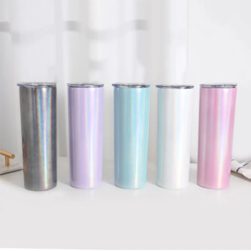 

New Arrival 20oz Sublimation Rainbow Glitter Skinny Tumbler Stainless Steel With Straw Straight Insulated Cup Double Vacuum Mug
