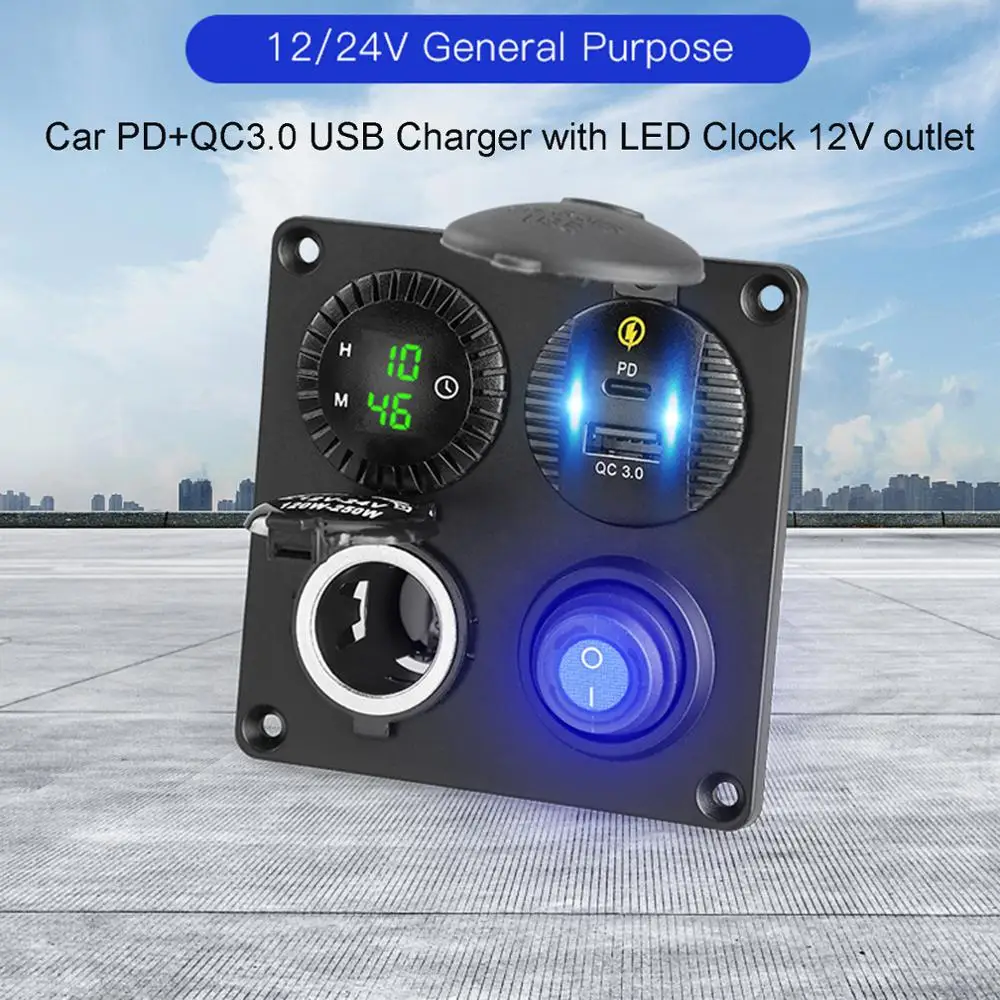 

Waterproof 12V 24V Car Digital Clock Type C PD QC3.0 USB Fast Charger 12V Socket Power ON OFF Switch for Truck SUV Boat Marine