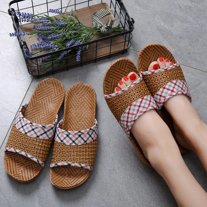 

Summer Women Home Indoor Natural Bamboo Rattan Cane Vine Grass Weaving Slippers Men Casual Non-slip Couples Sandals Family Shoes