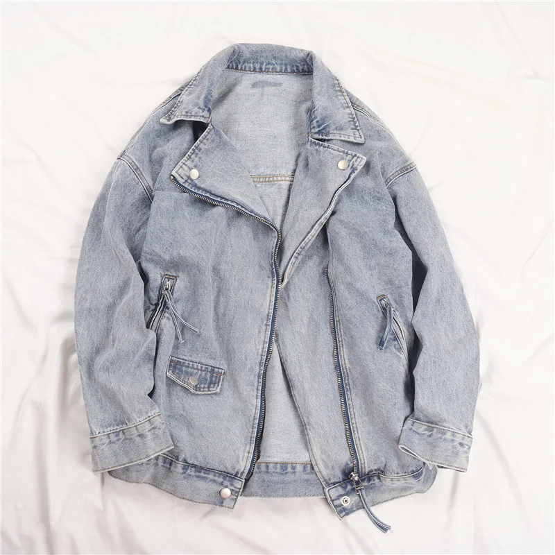 

Vintage Washed Blue Zipper Denim Jacket Women Spring Korean Outerwear Casual Loose Long sleeve Short Jeans Jacket Coat Female