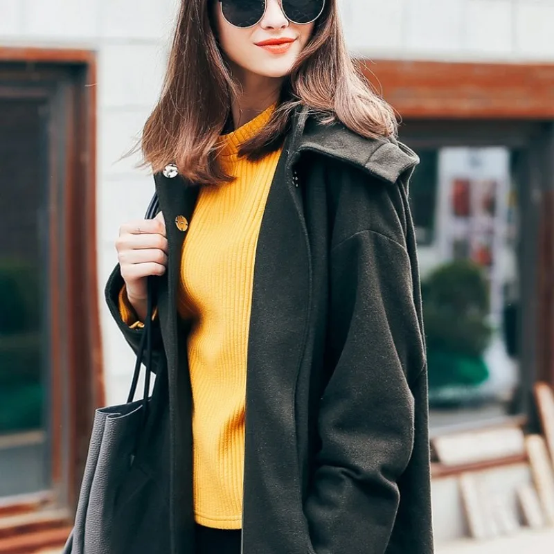 

Euro Fashion Women Long Trench Coat Hoody Loose Fit Woolen Blends Dust Coat High Street Female Maxi Overcoat Windbreaker Trench