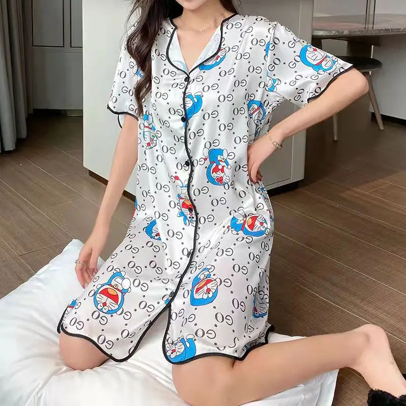 Summer Ice Silk Pijama Women Girls Thin Sleepwear Anime Cartoon Homesuits with Shorts Pants Kawaii Sleep Dress Cozy Ins Mujer