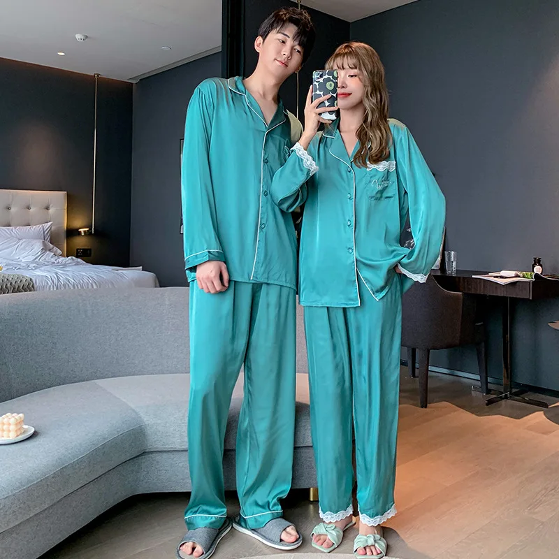 

Spring Lovers Silk Satin Lace Trim Pajama Set Couples Long Sleeve Pants Male Sleepwear Women Men Wedding Nightwear Homewear