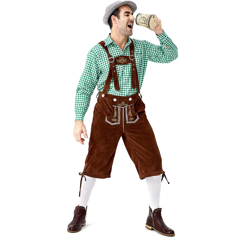 Костюм Lederhosen мужской на Октоберфест с подтяжками комплект шапки для вечеринки