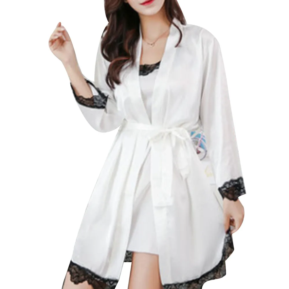 

2020 New Women's Sexy Pajamas Simulation Silk Two-piece Sling Long-sleeved Nightgown + Nightdress Suit A Sets Gown White Solid