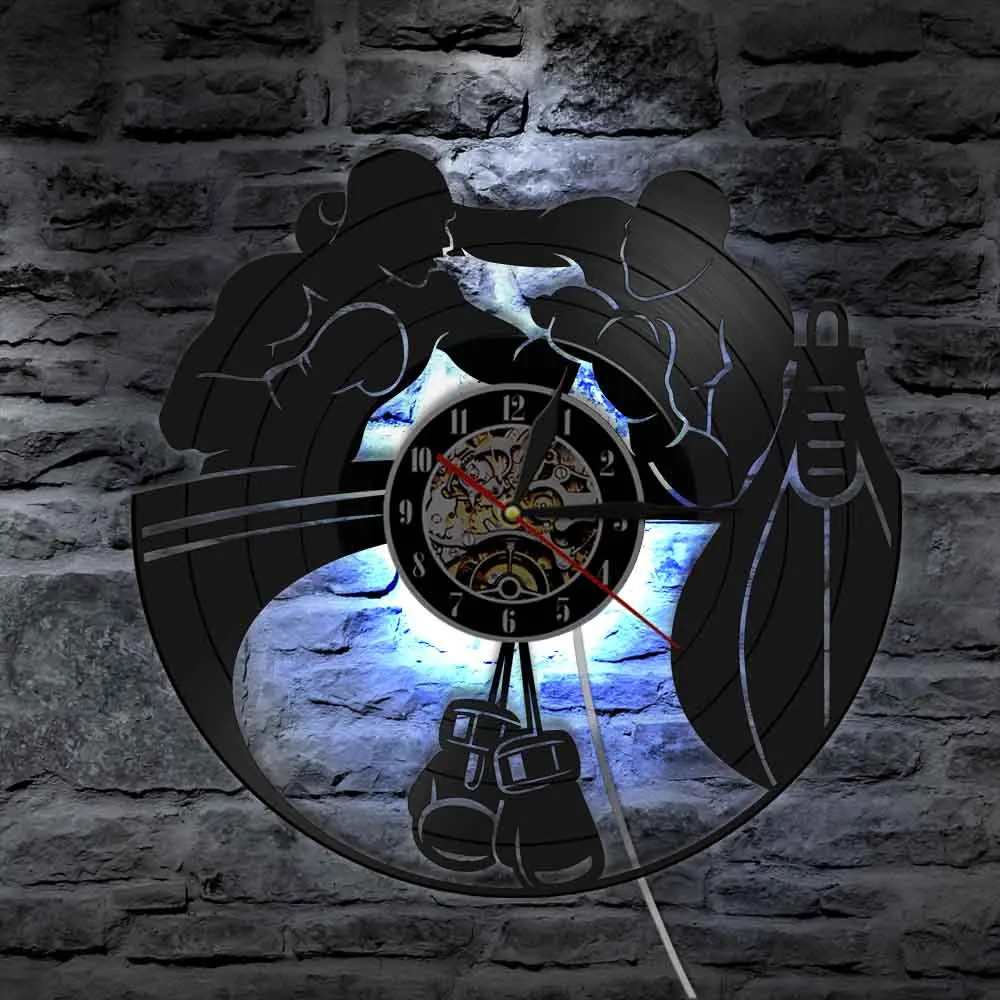 Boxing Vinyl Record Wall Clock Home Decor Gloves Punching Bag Infighters LED Fighting Sports Boxers Scrappers | Дом и сад