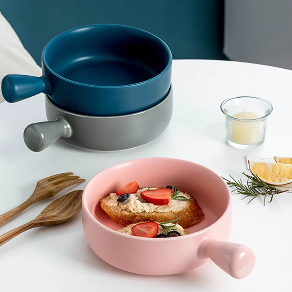 

Nordic Ceramic Salad Bowl With Handle Breakfast Cereal Fruit Bowl Solid Color Dessert Soup Noodle Bowl Microwave Oven Special