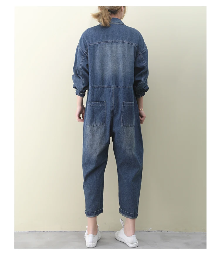 Женский джинсовый комбинезон с поясом весенний длинным рукавом и принтом звезд