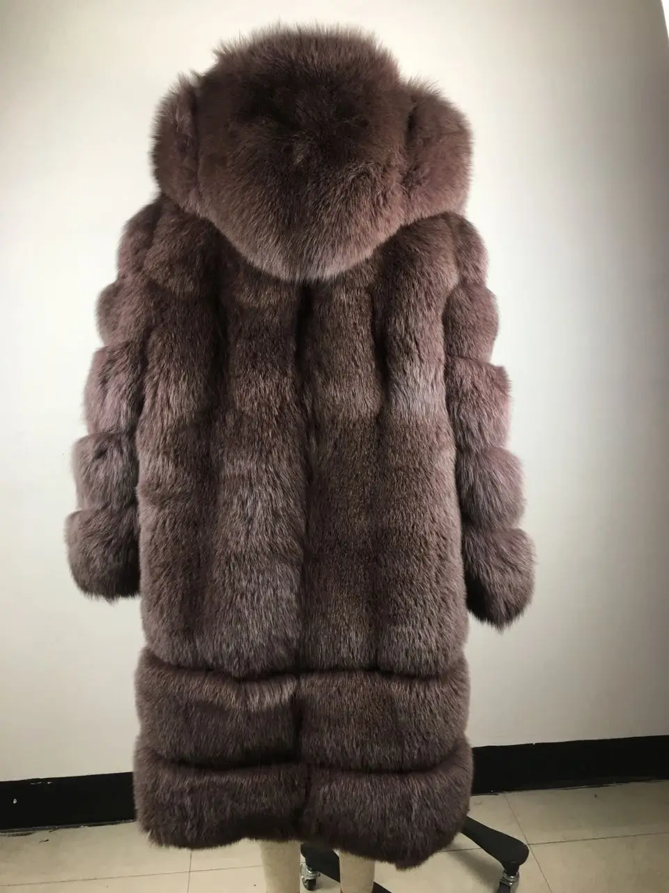 brown color Новое зимнее натуральное меховое пальто для женщин, роскошная Толстая теплая куртка из лисьего меха с капюшоном 100 см, длинное модное пальто из лисьего меха FC-192 - Цвет: brown color