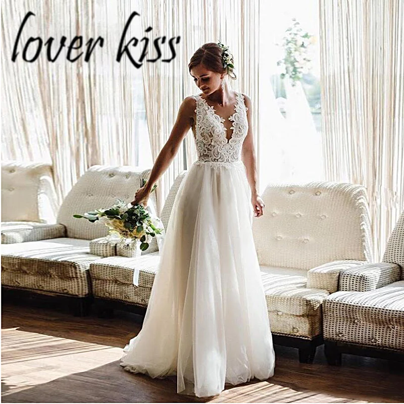 

Lover Kiss Vestido Noiva 2021 Country Wedding Dresses V Neck Tulle Backless Garden Beach Boho Bridal Gowns For Women Plus Size