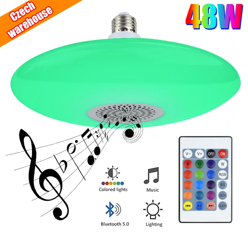 

RGB 30W 48W LED Music Light Bulb E27 Lamp Holder With 24 Keys Remote Bluetooth Music UFO Light AC85-260V Audio Player Lights