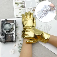 1 pairs women men patent leather gloves fashion sexy unisex gold color etiquette short gloves evening party performance mittens