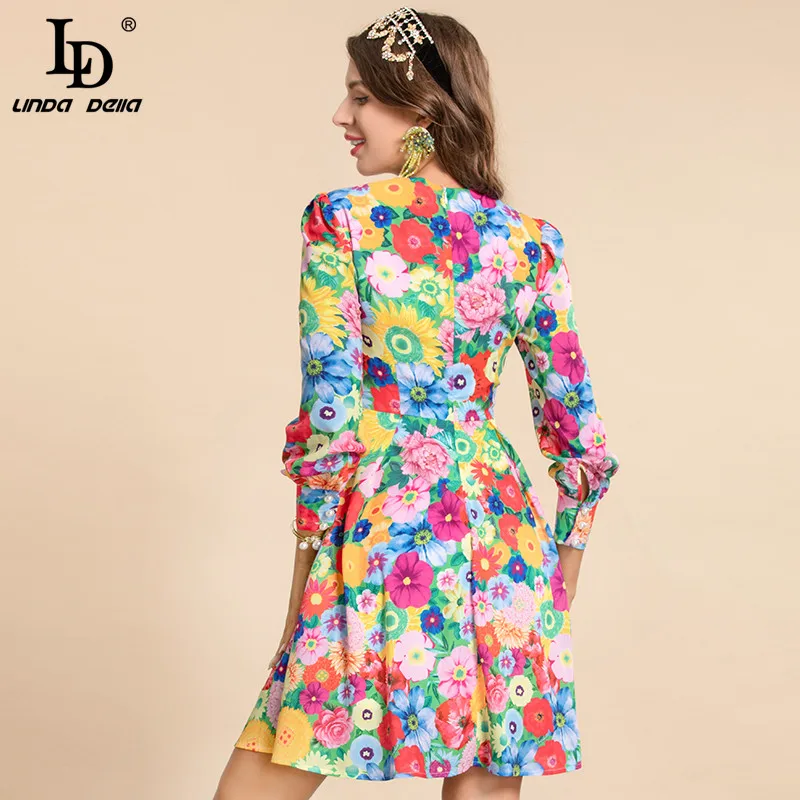 

LD LINDA DELLA Fashion Runway Autumn Mini Dress Women's Splice White Lace Peter pan Collar Long sleeve Floral print Short Dress