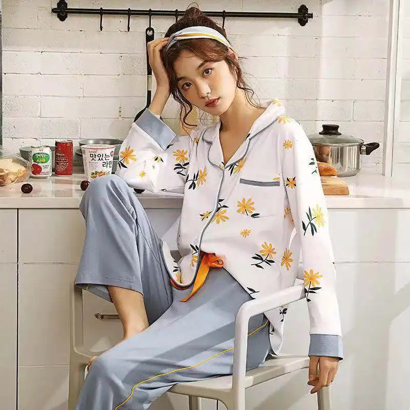 Женский пижамный комплект 100% хлопок Осень зима длинный рукав принт милая одежда