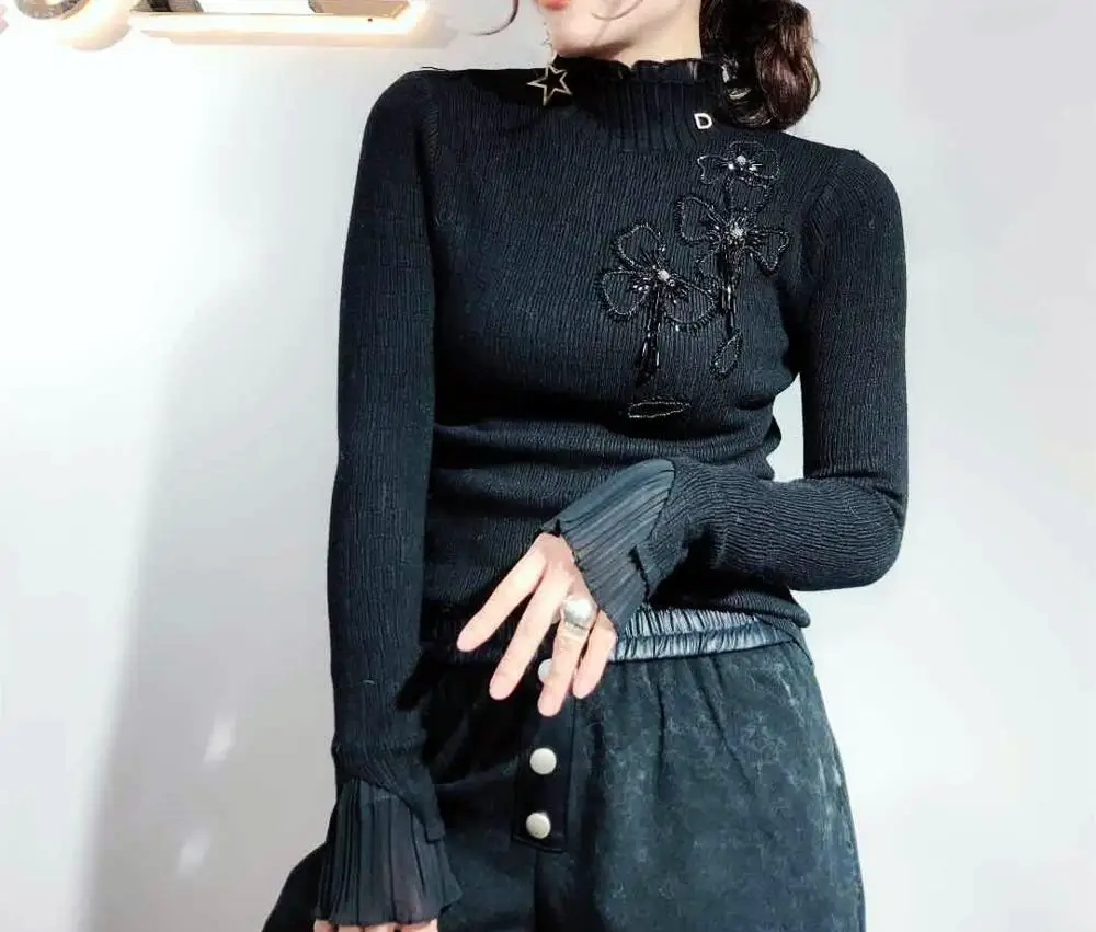 Luxury Diamond Beadings New Long Sleeve Stand Neck Women Sweaters Knitted Sweater tricotado Pullovers For Ladies Work Wear NS862 | Женская