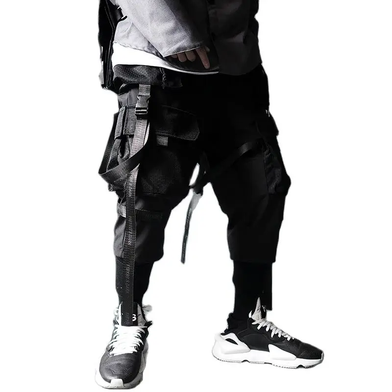 

Cargo Pants Men Harajuku Streetwear Tactics Pants Ribbon Multi-pocket Trousers Elastic Waist HipHop Male DG29
