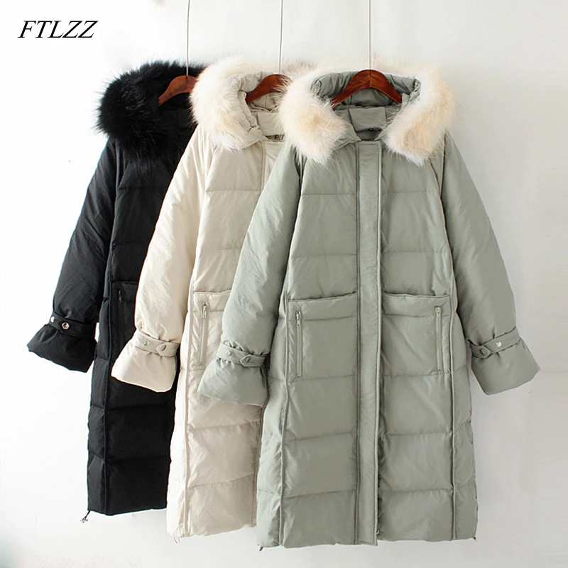 Fitaylor Женская куртка на белом утином пуху длинная парка с большим меховым