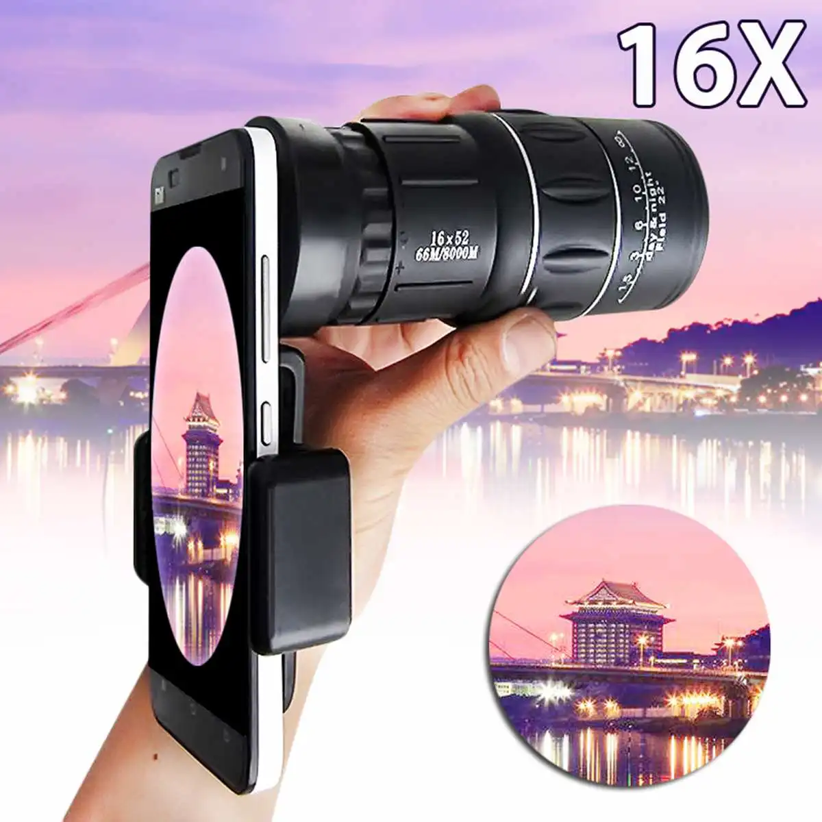 

16x52 Zoom Hiking Smartphone Monocular Telescope Lens Camera HD Scope Hunting + Holder for Mobile Smart Phone For iPhone XS Max