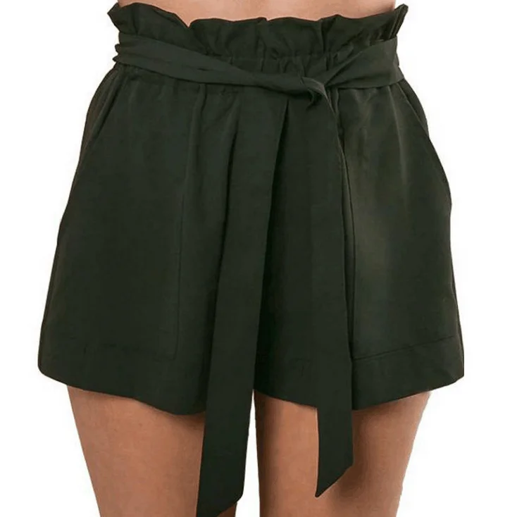 

lady fashion casual high waist loose Shorts women solid khaki black wide leg short pants drawstring elastic waist pocket capris