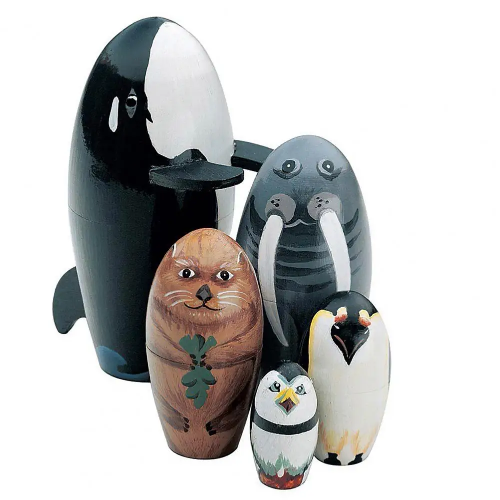 5Pcs/Set Handmade Crafts Russian Nesting Dolls Eco-friendly Different Animal Pattern Schima Superba Whale Doll Kids Toys | Игрушки и