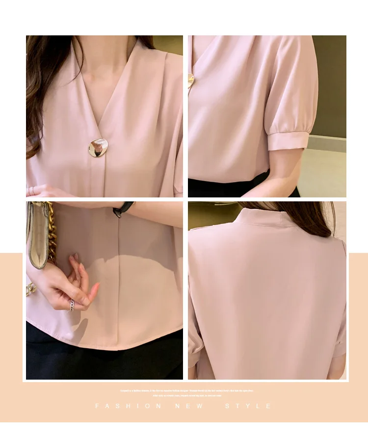 

Women's Blouses Chiffon Short Sleeve Tops Bow V-neck Shirts Solid Color Fashion Casual Korean Loose Commute