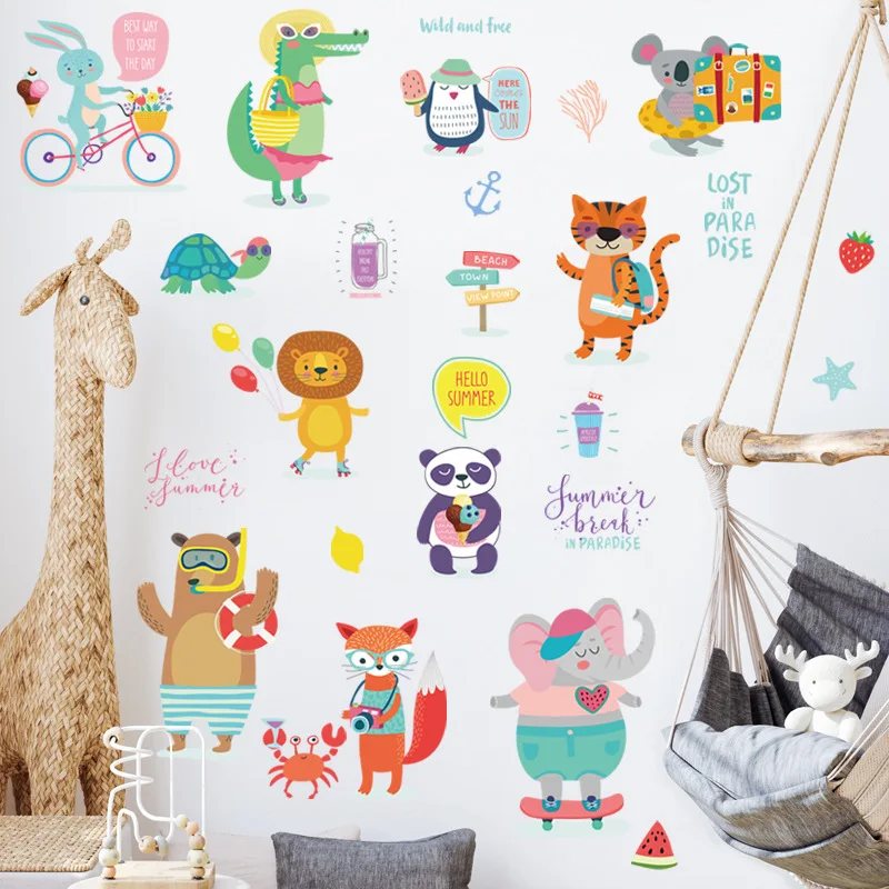 

Cartoon Animal Children's Room Wall Stickers Elephant Lion Bedroom Decoration Door Stickers Cute Cat Home Art Decals Wall Paper