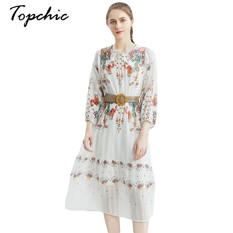

Spring Clothes 2021 Runway Designers Bohemian Floral Printed Long Sleeve Pleated Midi Dresses For Women