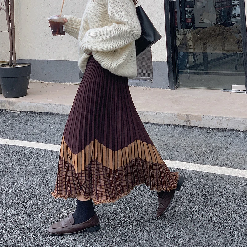 

Knitted Long Pleated Korean Style Fashion Autumn Women'S Clothing Vintage 2021 Casual High Waist Skirts Female Harajuku