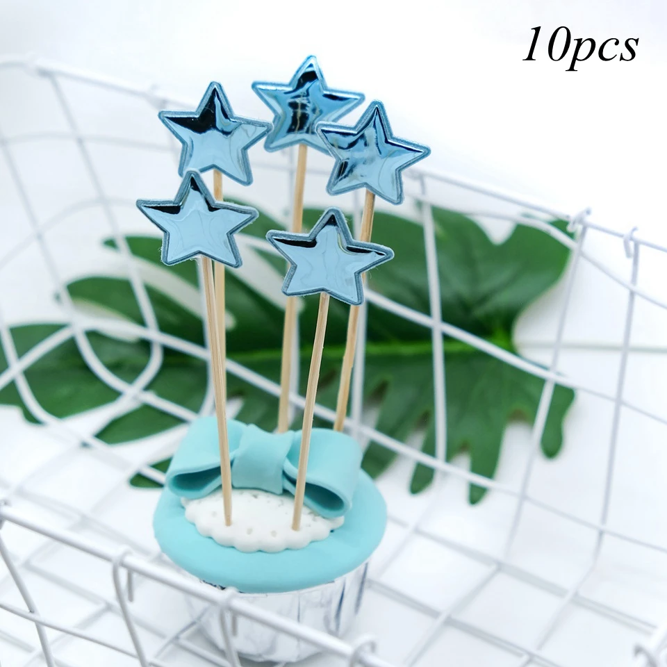 Blue star 10 шт./лот Блестящий Топпер для торта звезды и сердце и корона детский душ декор для дня рождения Свадебный декор кекса топперы - Цвет: Blue star