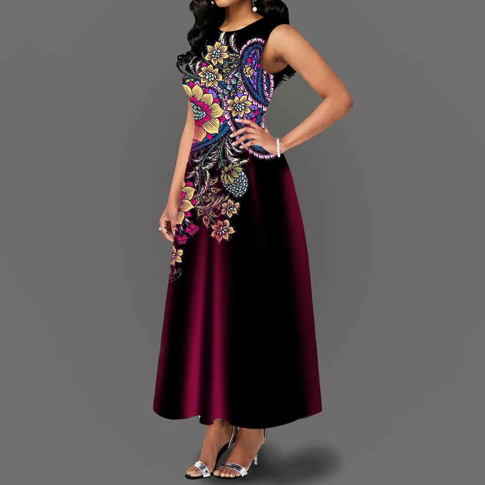 Женское платье с высокой талией длинное винтажное цветочным принтом и карманом