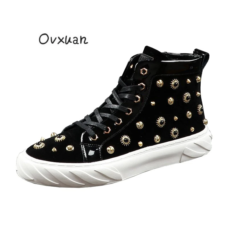 

OVXUAN Casual Ankle Boots Men Autumn Punk Style Rivet Studded Fashion Shoes Male Short Boots Leather High Top Hip Hop Sneakers