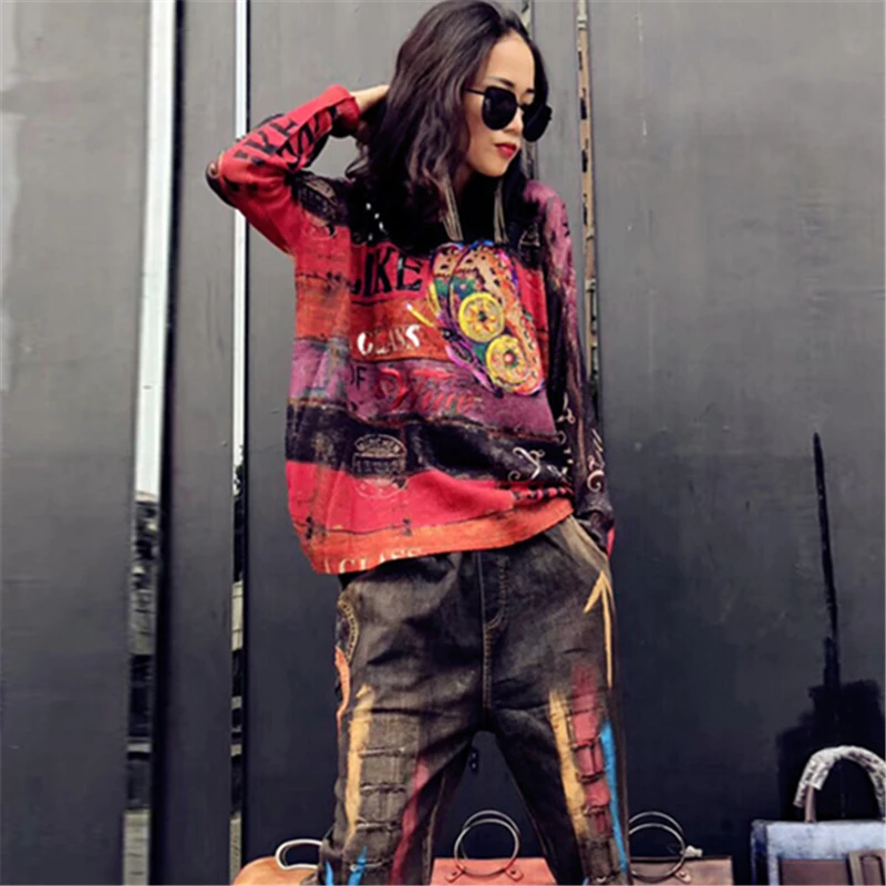 Long-Sleeved T-Shirt Female 2019 Spring Fashion New Round Neck Hip-Hop Printing Loose Wool Sweater Top H00412 | Женская одежда