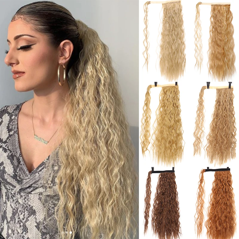 

MANWEI Long Curly Ponytail Wrap Around Ponytail Clip in Hair Extensions Hairpiece Headwear Synthetic Hair Brown Golden black