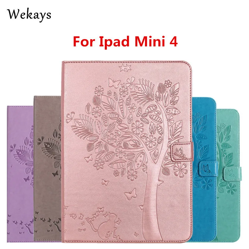 Чехол Wekays для iPad Mini 4 Роскошный кожаный флип чехол с мультяшным котом и деревом Apple