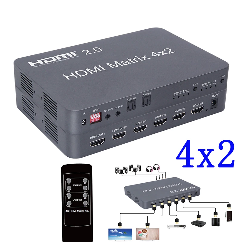 Матрица HDMI 2 0 4x2 скалер 4K 60 Гц переключатель разделитель матрица поддержка аудио