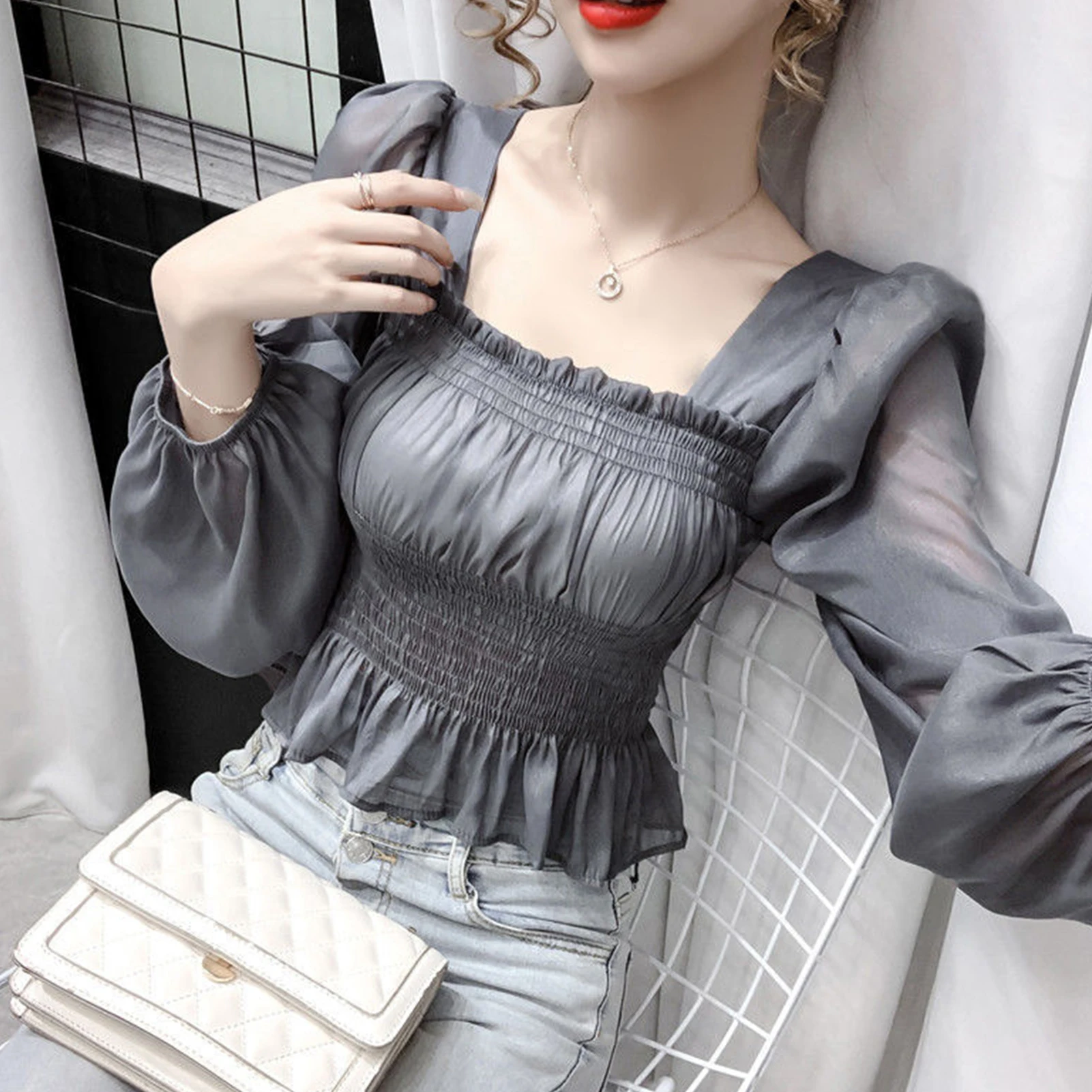 

Sexy Women Long Puff Sleeve Square Neck Waist Tight Chiffon Thin Blouse Top