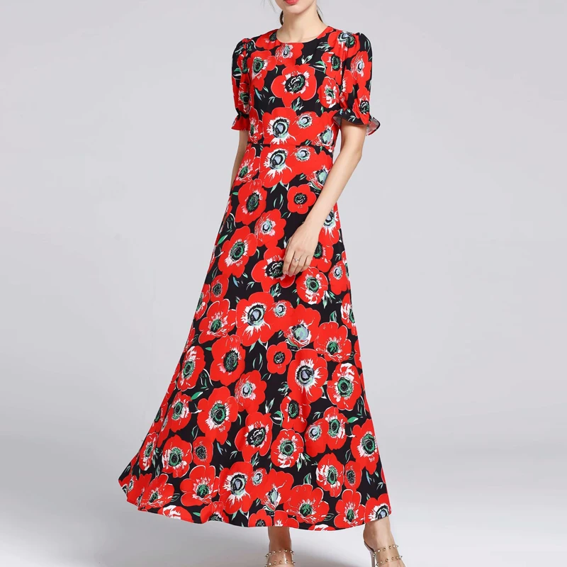 New HIGH QUALITY Stylish Fashion 2021 Designer Runway Dress Women's O-Neck Petal Sleeve Vintage Floral Print Long dress
