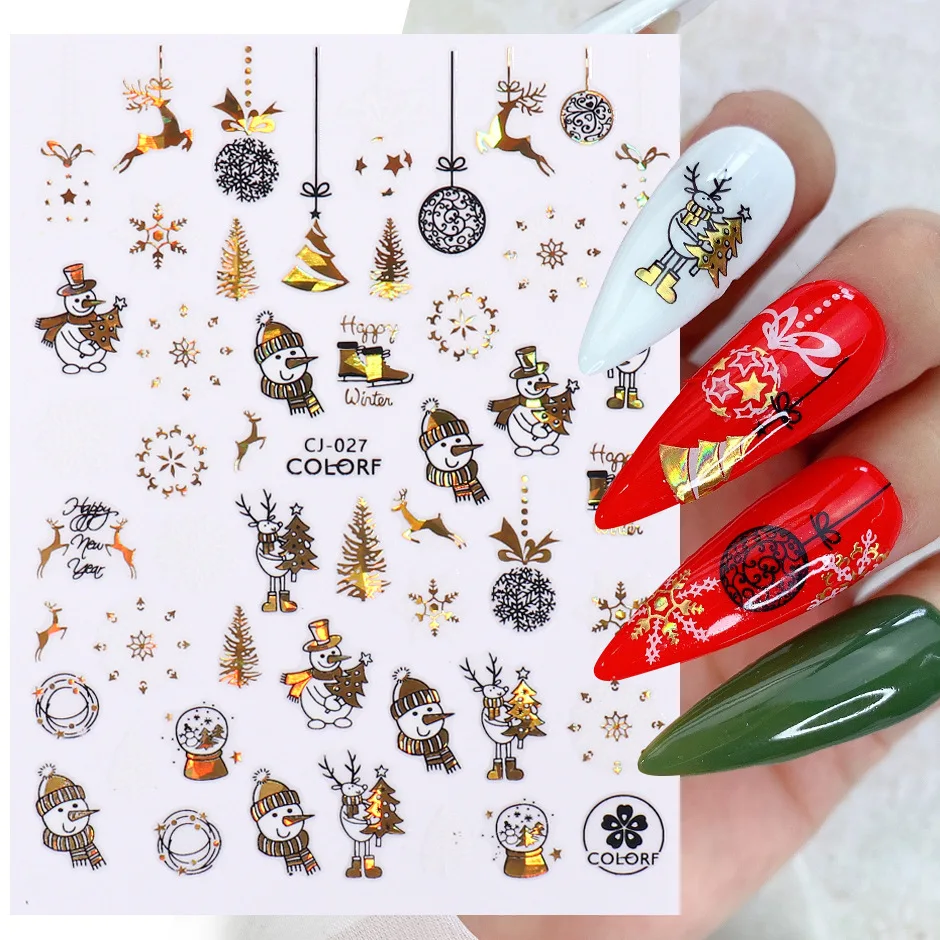 

Nail Stickers Back Glue Christmas Gold Laser Snowman Snowflake Elk Line Designs Nail Decal Decoration Tips For Beauty Salons