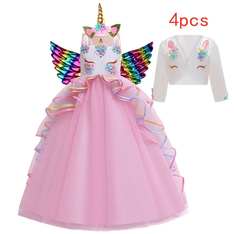 2021 Big Kids Long Dress Colorful Net Gauze Cake Puffy Unicorn Girl Festive Performance 4-14T dress up | Детская одежда и обувь