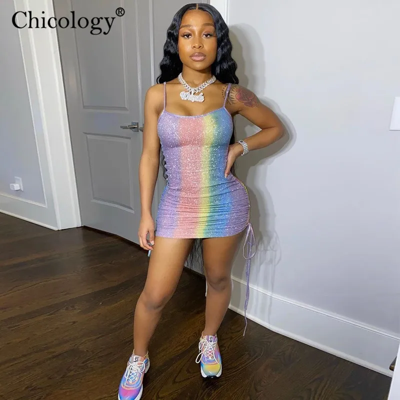 Chicology shinning rainbow bangdage fashion mini dress sleeveless spaghetti strap women 2020 summer outfits sexy bodycon clothes | Женская