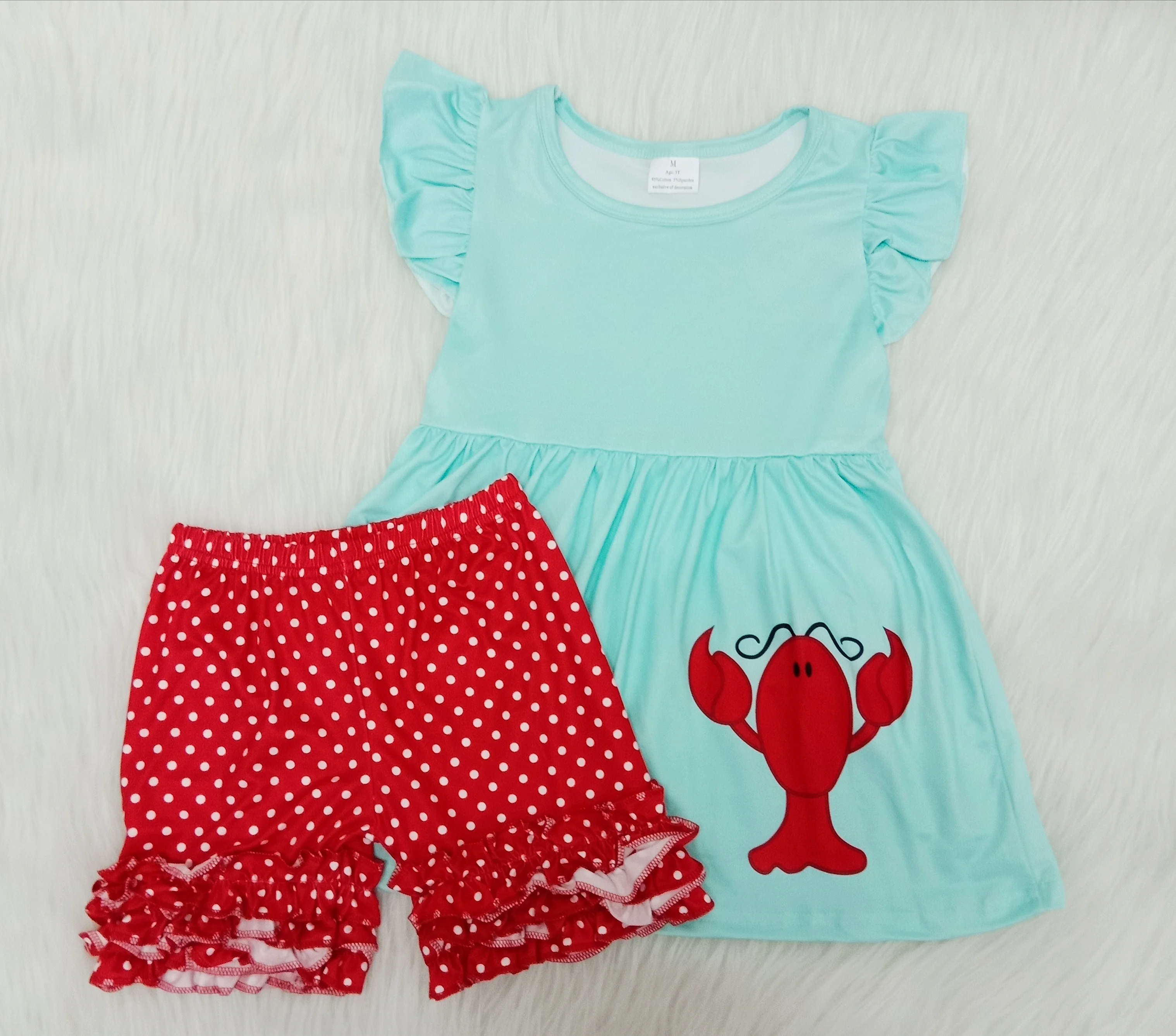 

Summer children's girl new style small flying sleeve suit blue short-sleeved lobster printed red dot ruffle shorts