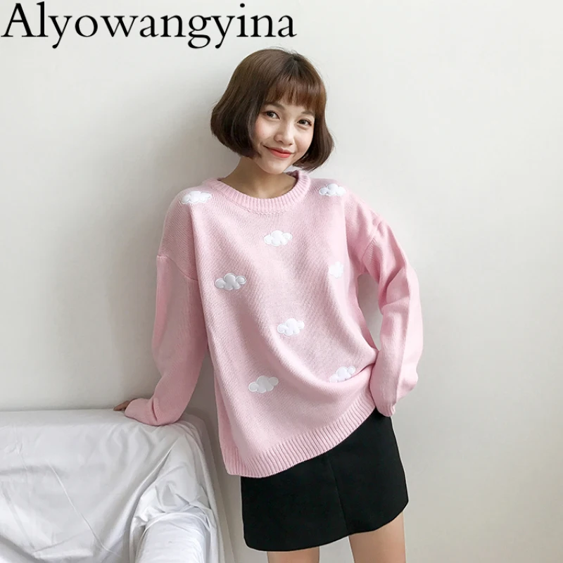 Alyowangyina, пуловеры размера плюс, женский свитер, кавайные топы,, зимние женские свитера, Корейская одежда, милые облака, G526