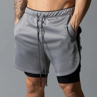 black running sport shorts men jogging 2 in 1 bermuda gym fitness training male summer quick dry double layer beach short pants