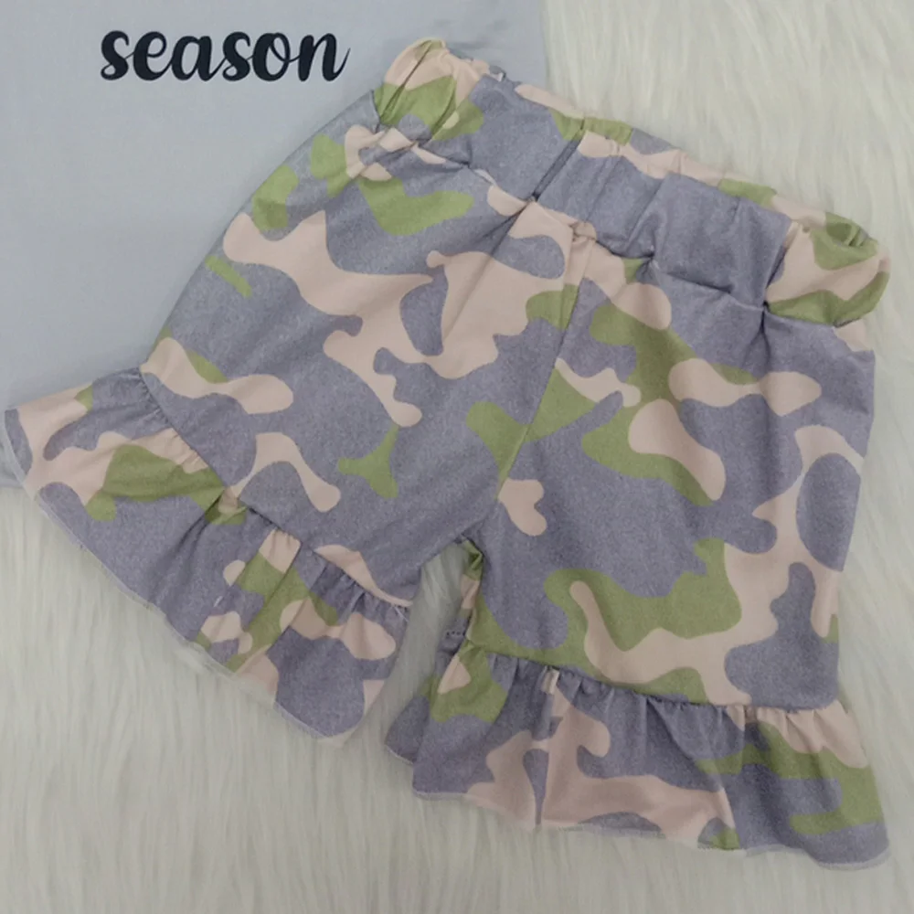 

Baby Girls Wear Fashion Grey Letter Outfit Toddler Kids Summer Short Sleeve Shirt Ruffle Camouflage Shorts Clothes Set