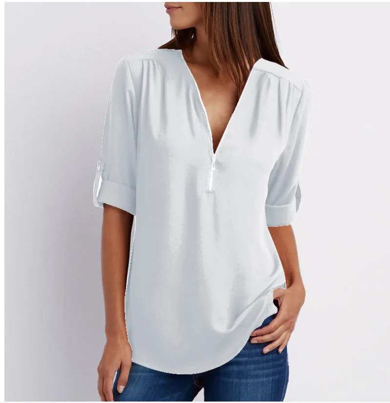 

Womens Chiffon Zipper Work Shirt Ladies Pullover Long Sleeve Blouse Loose Tops
