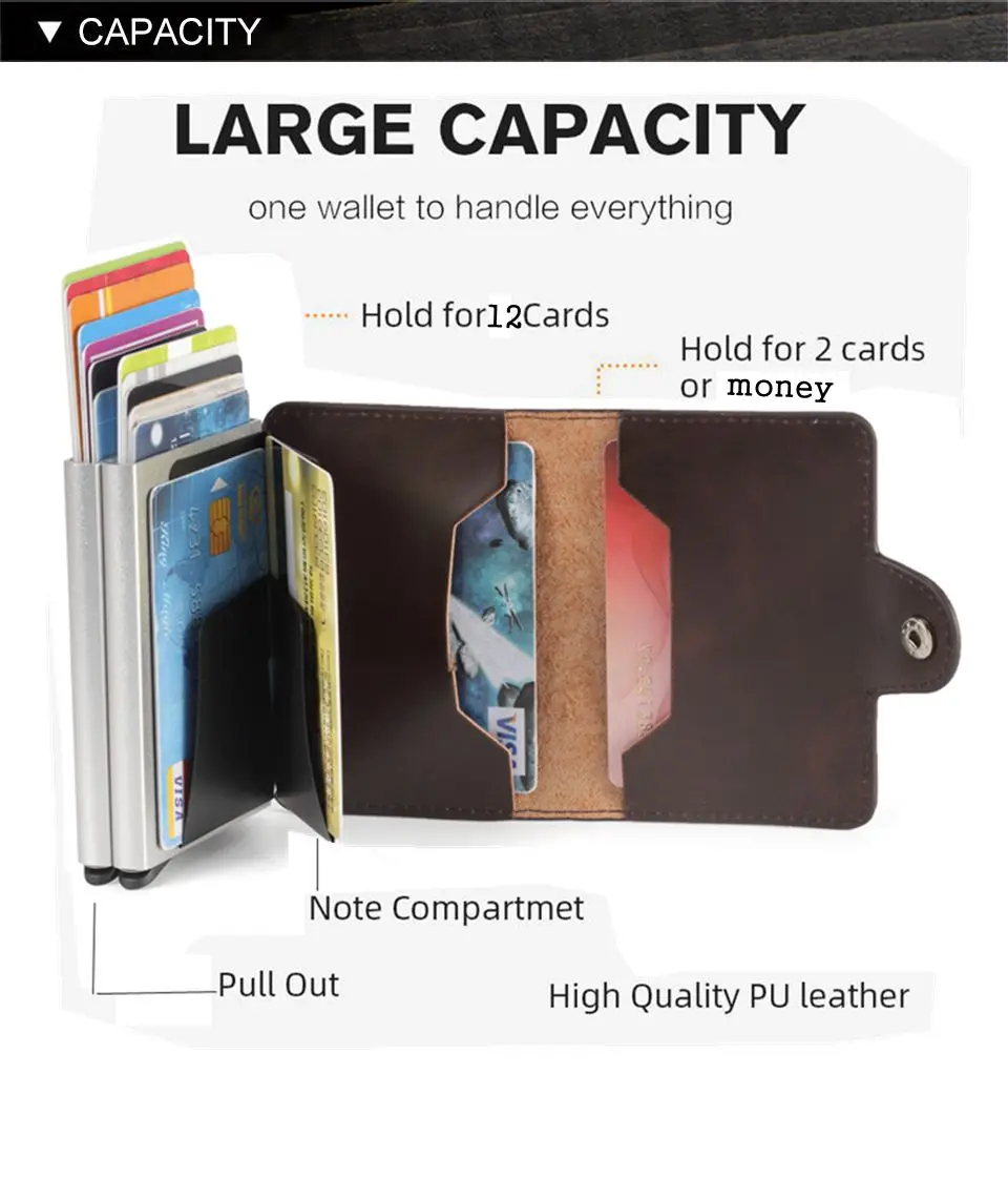 

Men double Aluminum Leather Credit Card Holder RFID Metal Wallet Automatic pop up Anti-theft Purse Business ID Cardholder