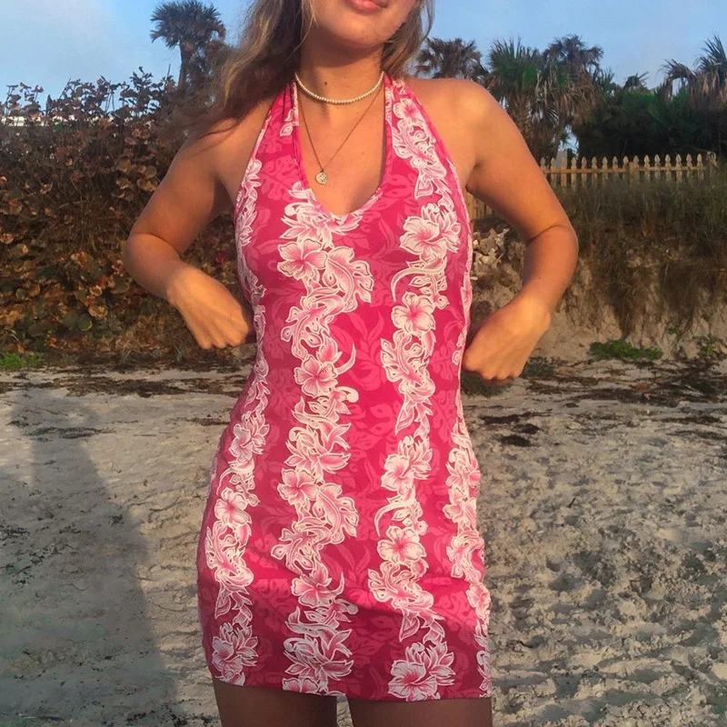 

Милый сладкий розовый Цветочный принт Y2K Мини платье для женщин 2021 сексуальное платье без рукавов платье с открытой спиной и лямкой на шее о...