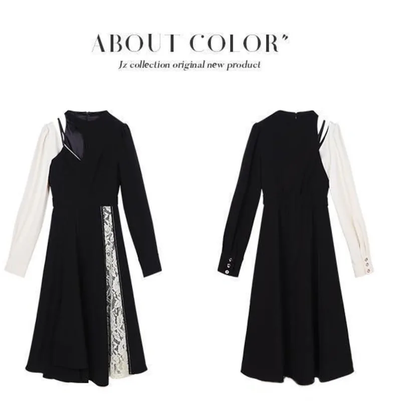 Женское винтажное платье с длинным рукавом черное высокой талией и разрезом |