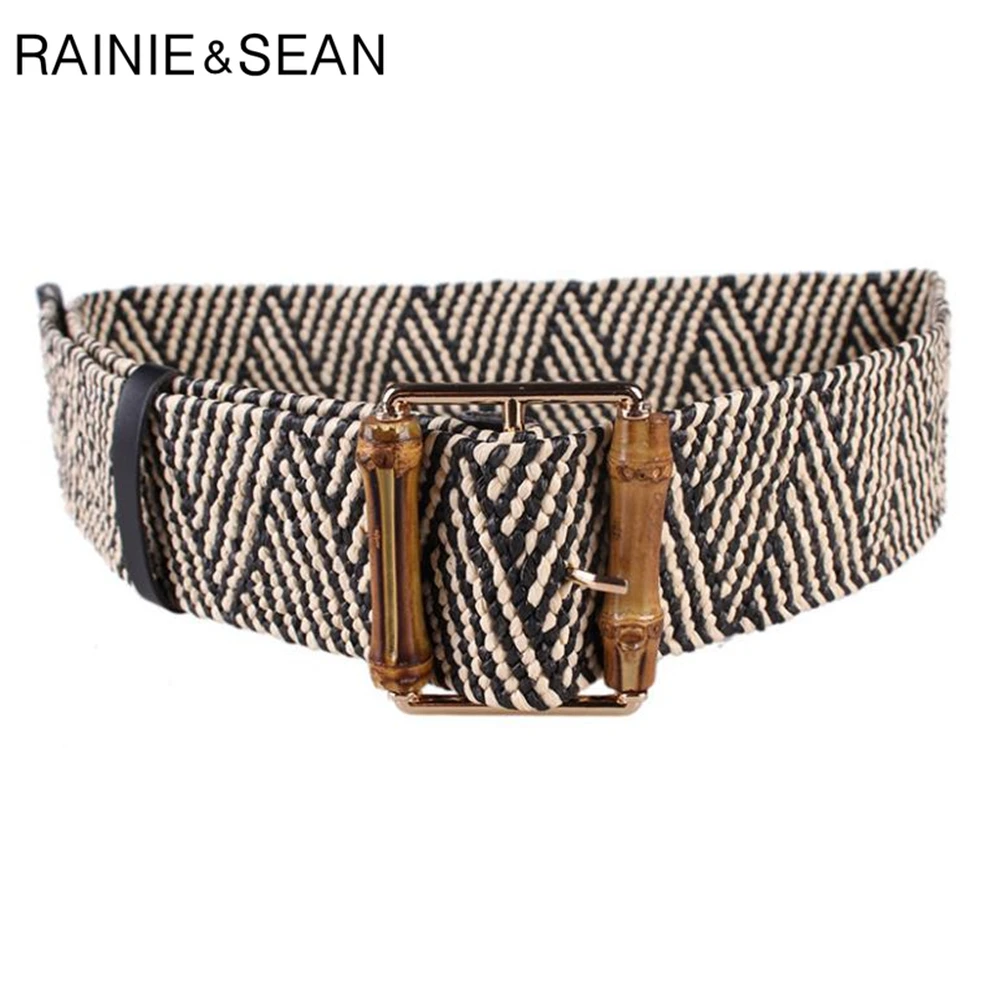 

RAINIE SEAN Braided Belt Women Wide Waistband Bamboo Buckle Ladies Belts for Dresses Black Striped Ethnic Retro Female Belt